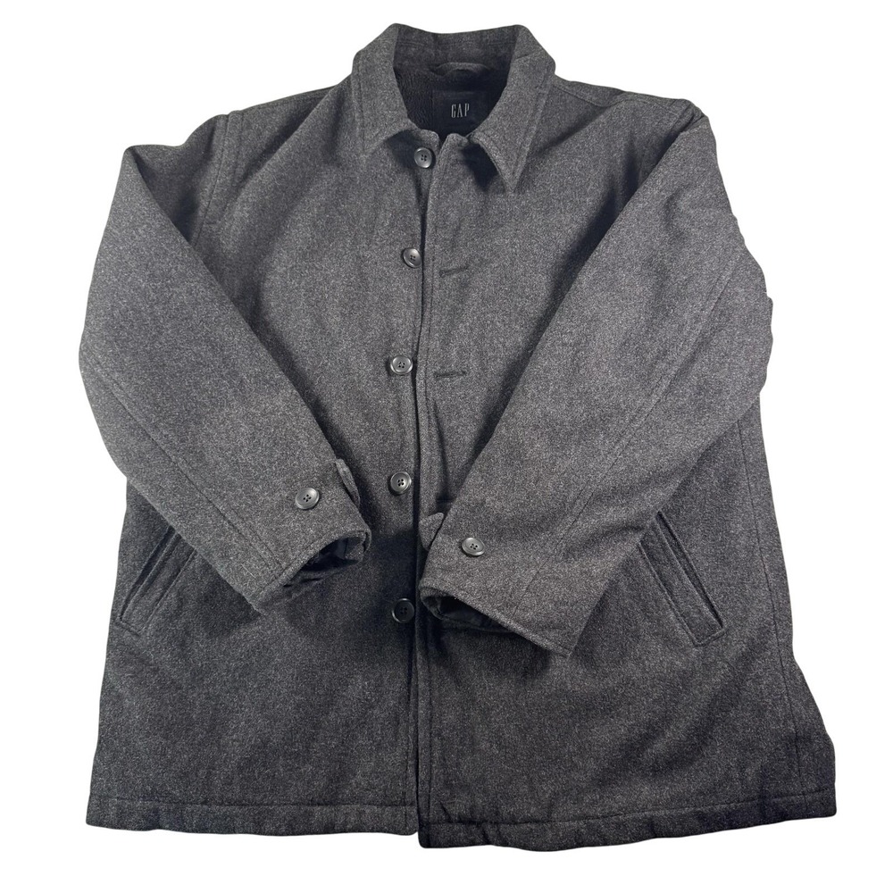 Gap Coat Mens L Gray Wool Tweed Winter Overcoat Quilted Lined Button Front